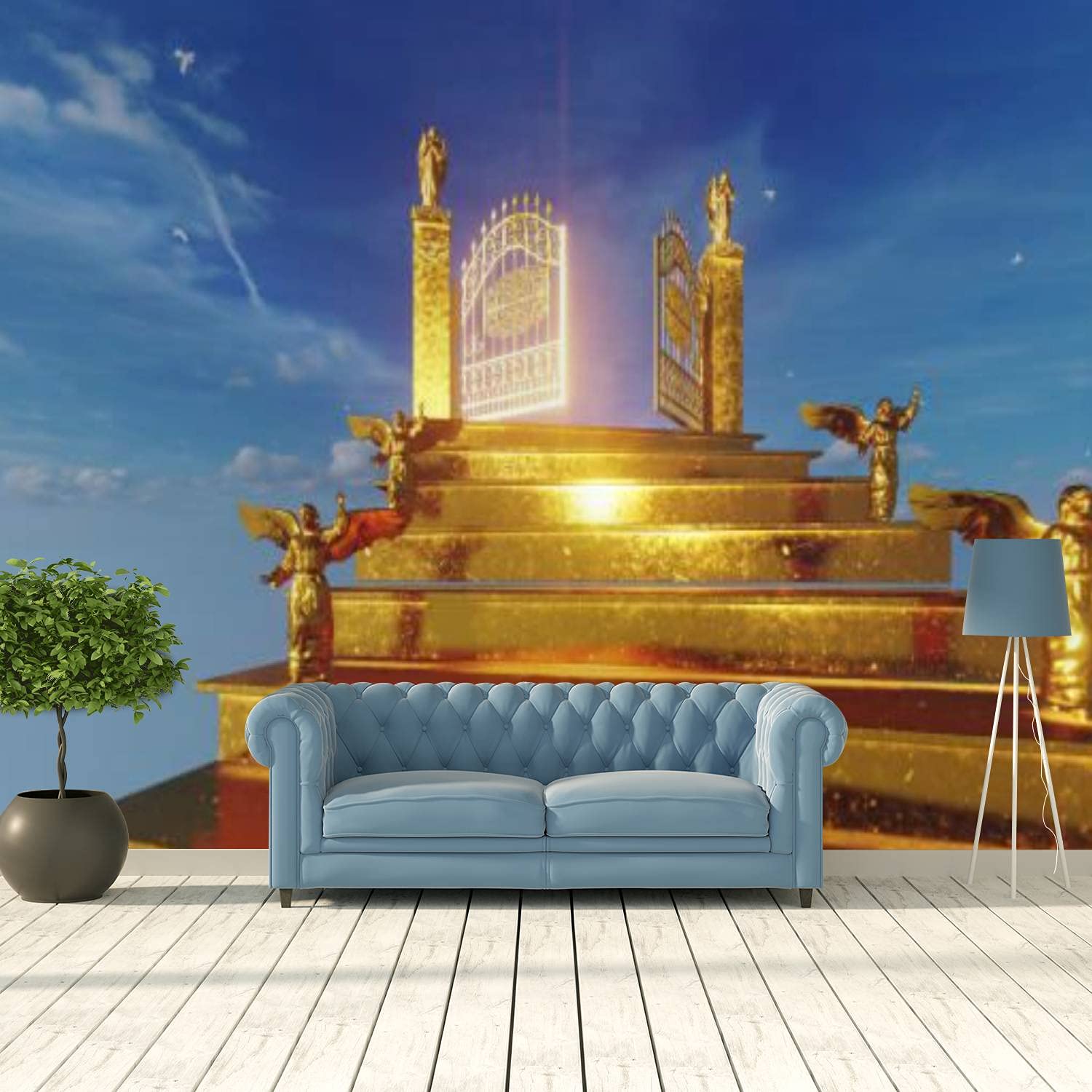 3D Golden Angels on Stairs Wall Sticker - Removable Peel & Stick Wallpaper Mural for Living Room, Bedroom, TV Background - Heavenly Gates Design with Blue Sky - Perfect for Home Decor, Nursery, Office & Dorm Room