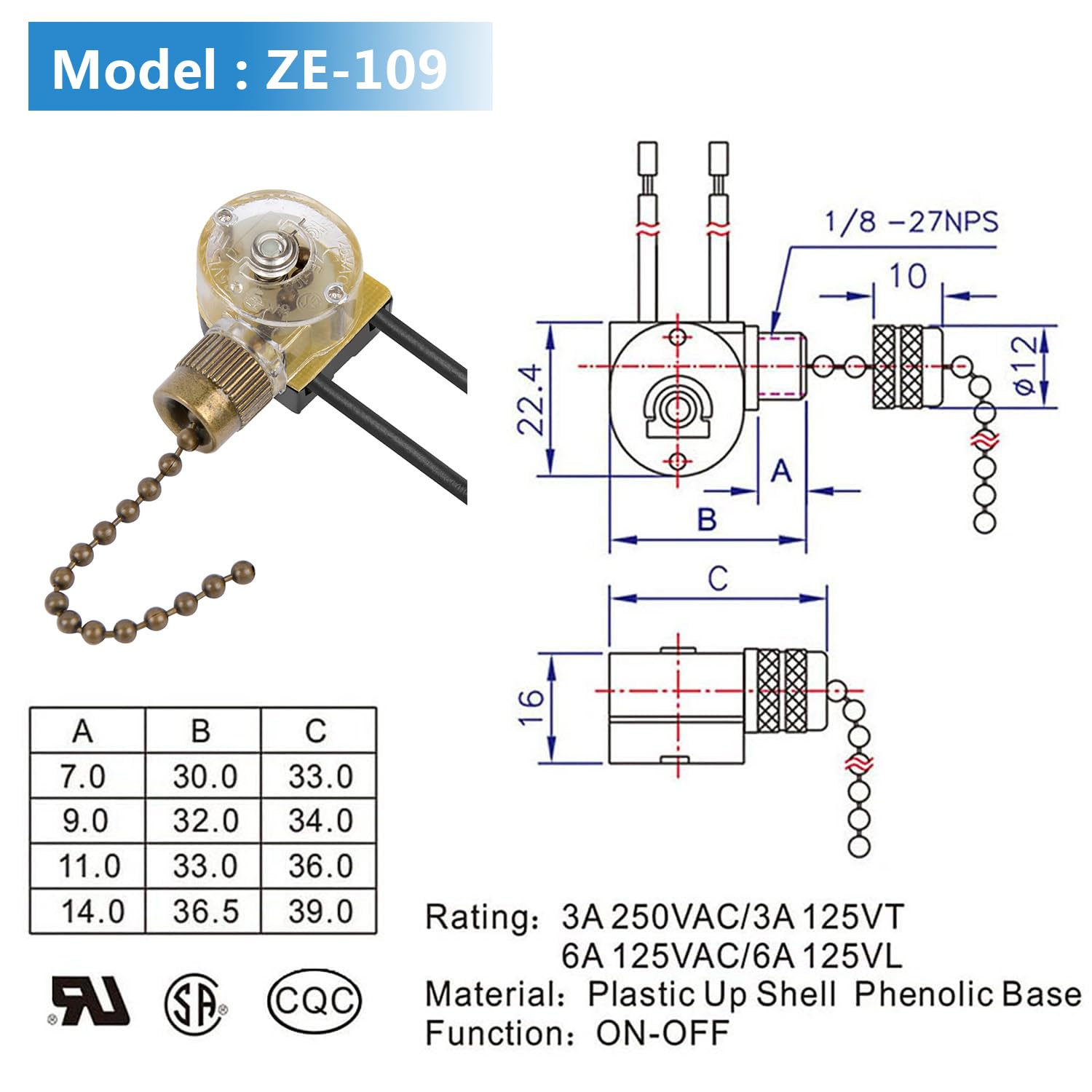 Zing Ear ZE-109 Ceiling Fan Switch with Pull Chain - 3 Speed Control & On/Off Function - Compatible with Hunter and Other Ceiling Fans, Lamps, Wall Lights (Bronze Finish) - Perfect for Bedroom, Living Room, and Office Lighting Control