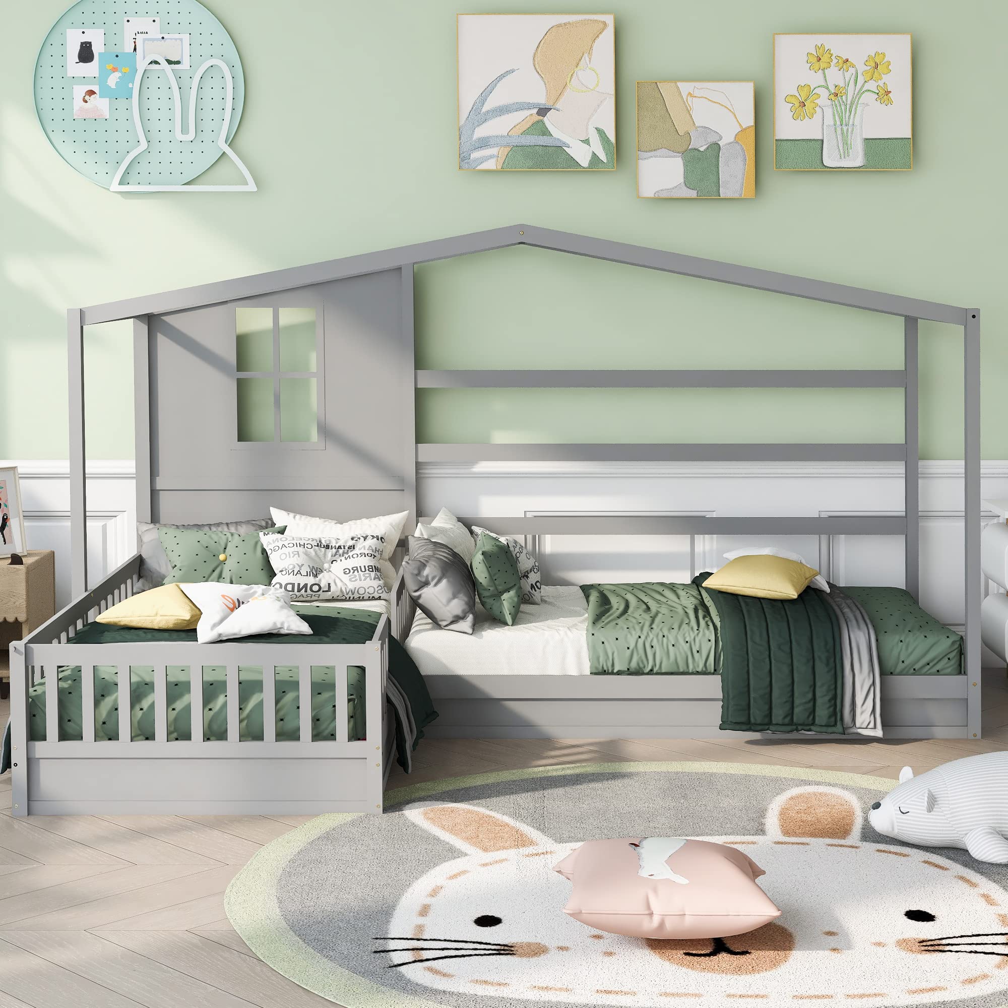 MERITLINE L-Shaped Twin Beds for Kids - Wooden Bunk Beds with Safety Fence & Playhouse Roof - Space-Saving Corner Bedroom Furniture for Siblings - No Box Spring Needed (Gray) - Perfect for Shared Kids' Rooms & Small Spaces