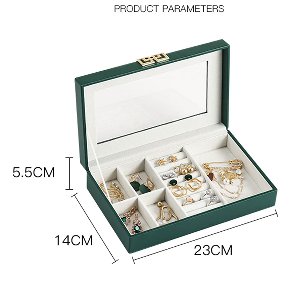 Elegant Green Leather Jewelry Box Organizer with Clear Lid - Perfect Storage for Rings, Earrings, Necklaces, Bracelets & Watches | Ideal Gift for Women & Girls | Great for Travel, Home Decor & Jewelry Display