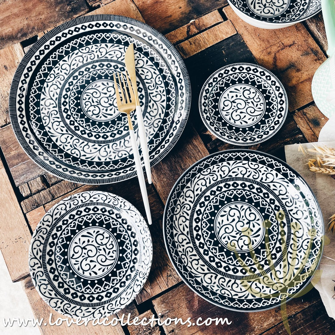 Awasaka Japan Black & White Tribal Dinnerware Set - Modern Ceramic Plates & Bowls for Dining, Entertaining & Home Decor (50% Off Sale)