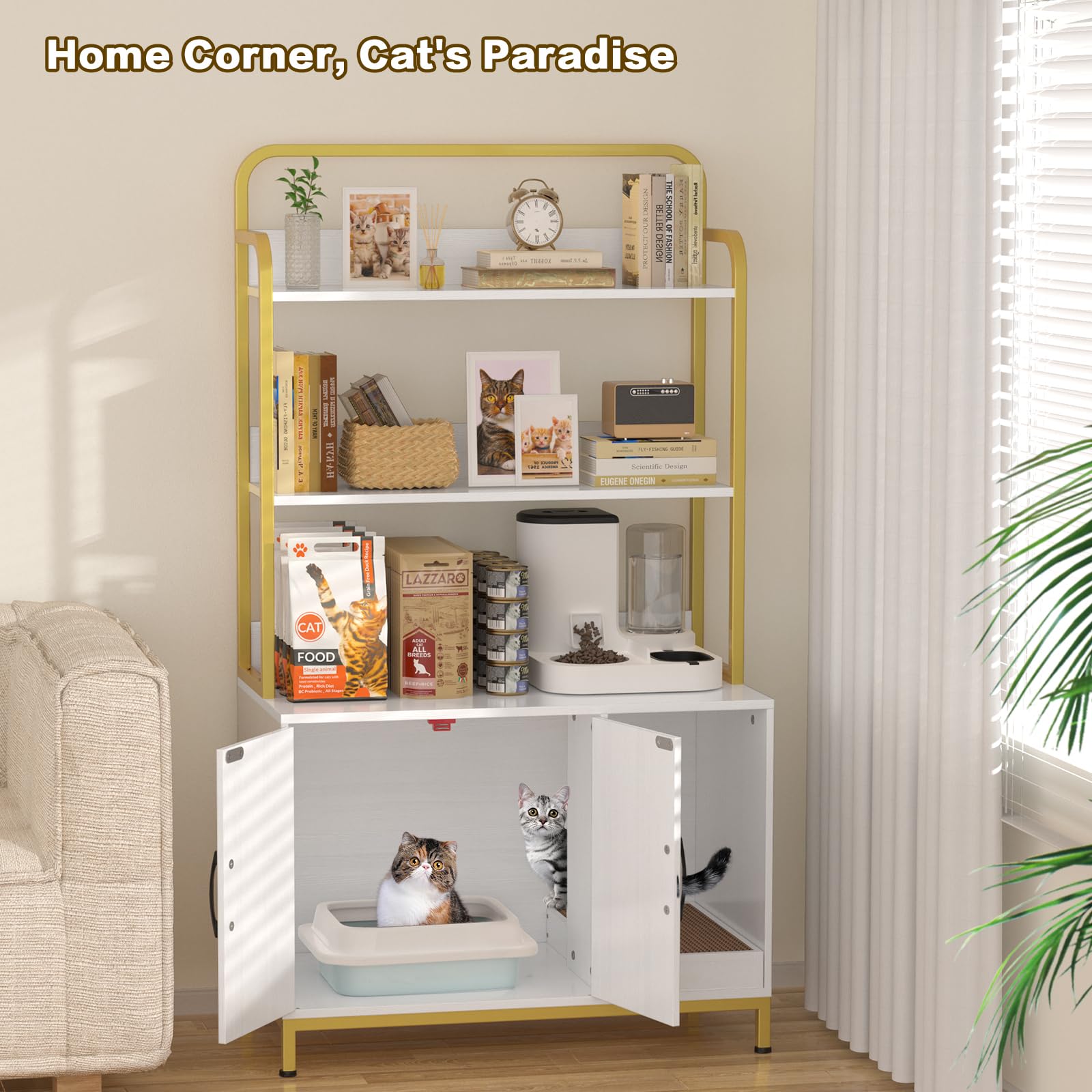 Easycom Wooden Cat Litter Box Enclosure Furniture with Shelves & Scratching Pad - Hidden Indoor Litter Box Cabinet with Storage Space - Modern Cat House Furniture for Living Room, Bedroom or Office - Fits Most Standard Litter Boxes