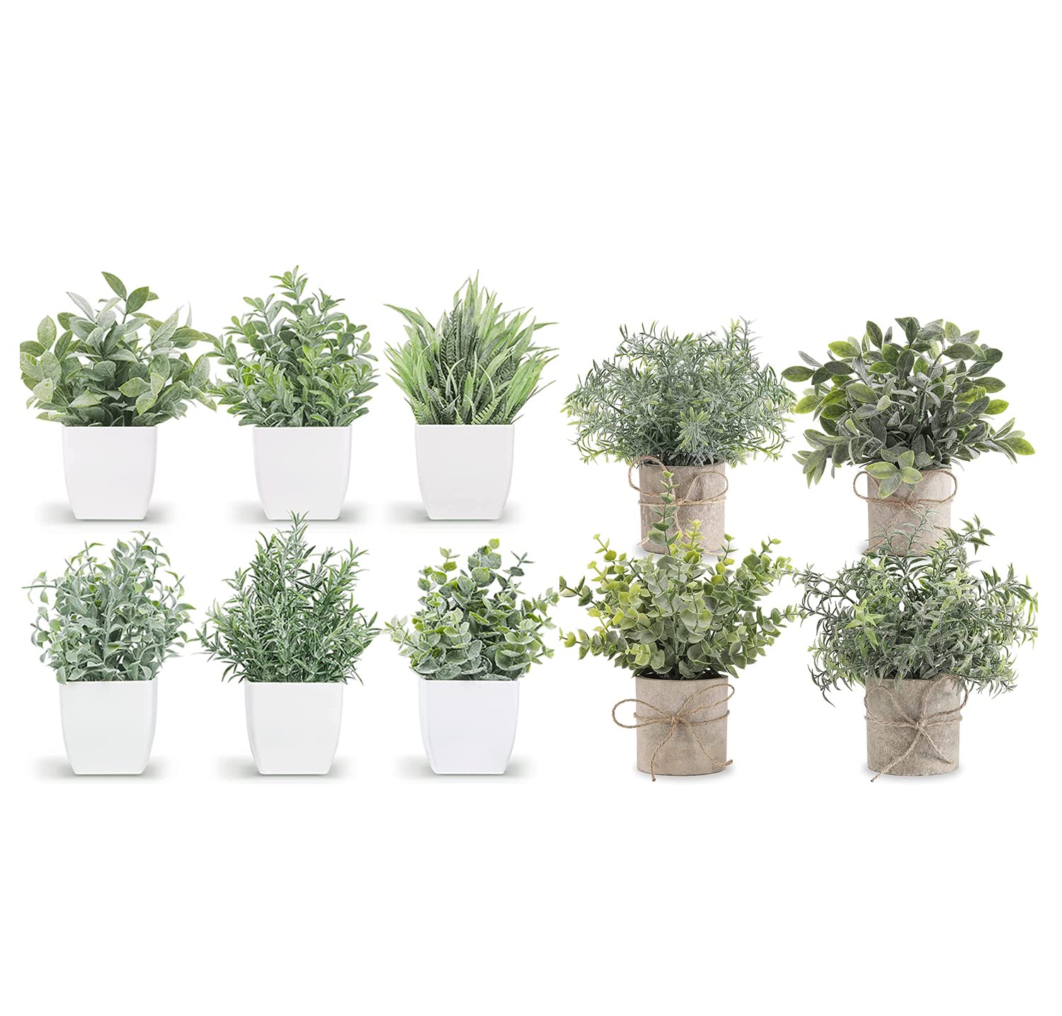 6 Pack Small Fake Plants & 4 Pack Mini Potted Artificial Eucalyptus - Realistic Home Office Desk Decor for Farmhouse, Shelf, Bathroom & Wedding Centerpieces