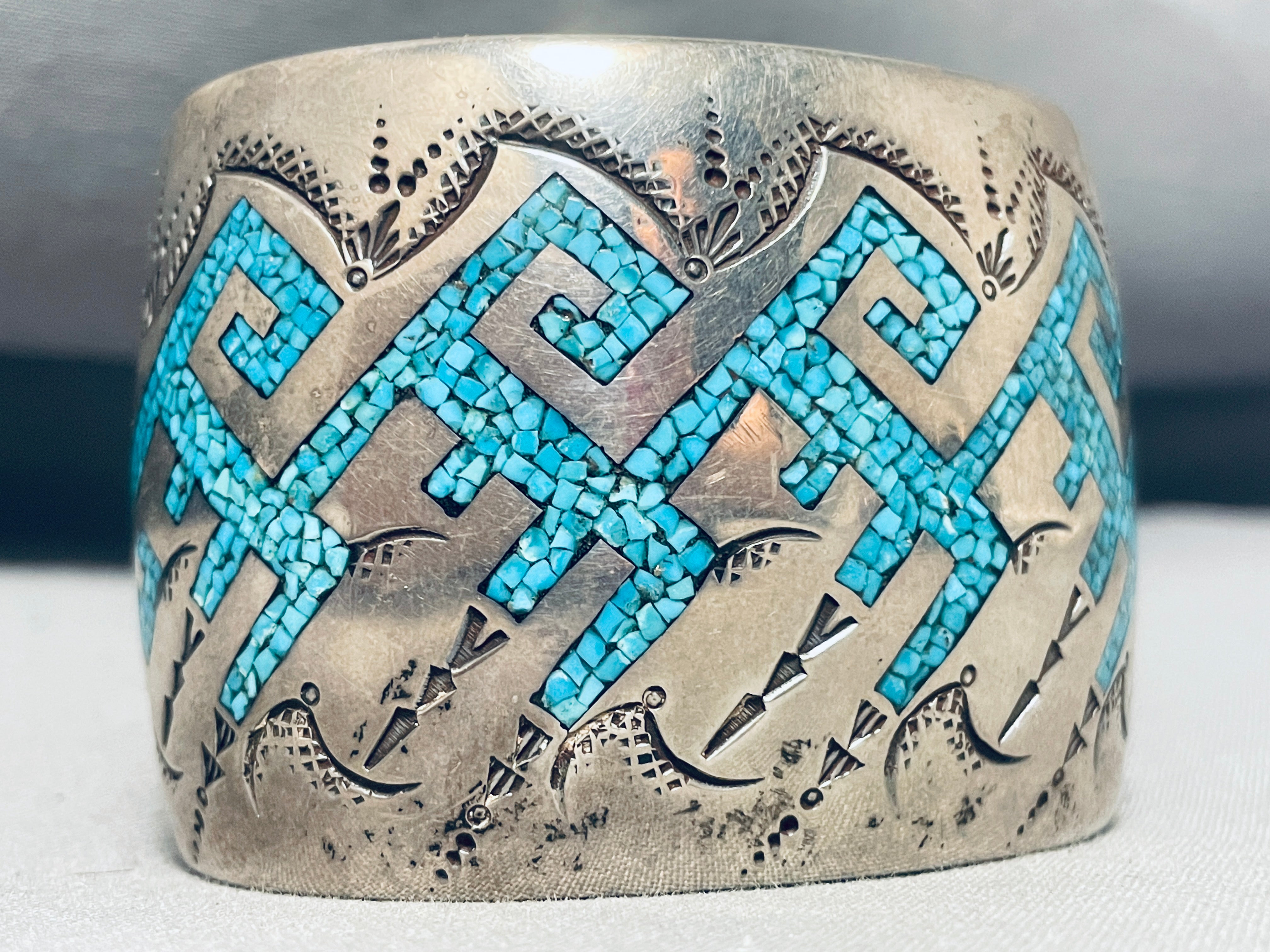 121 Gram Authentic Vintage Navajo Sterling Silver Bracelet with Geometric Water Design - Handmade Native American Jewelry for Women, Perfect for Boho Fashion & Special Occasions
