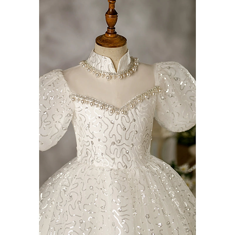 White Princess Mock Neck Floor Length Organza Flower Girl Dress for Weddings, Baptisms & Special Occasions