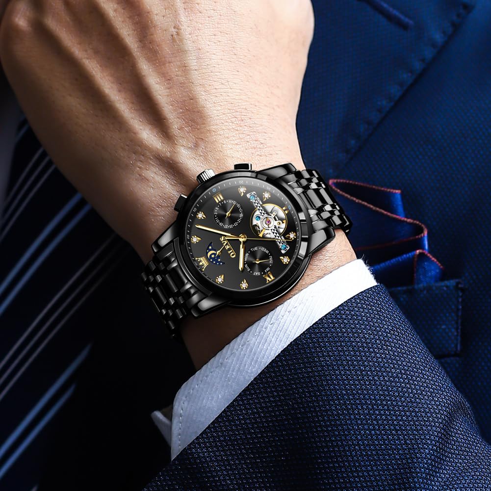 OLEVS Men's Automatic Self-Winding Skeleton Watch - Luxury Stainless Steel Waterproof Wristwatch with Luminous Hands - Perfect for Business, Formal Events & Everyday Wear