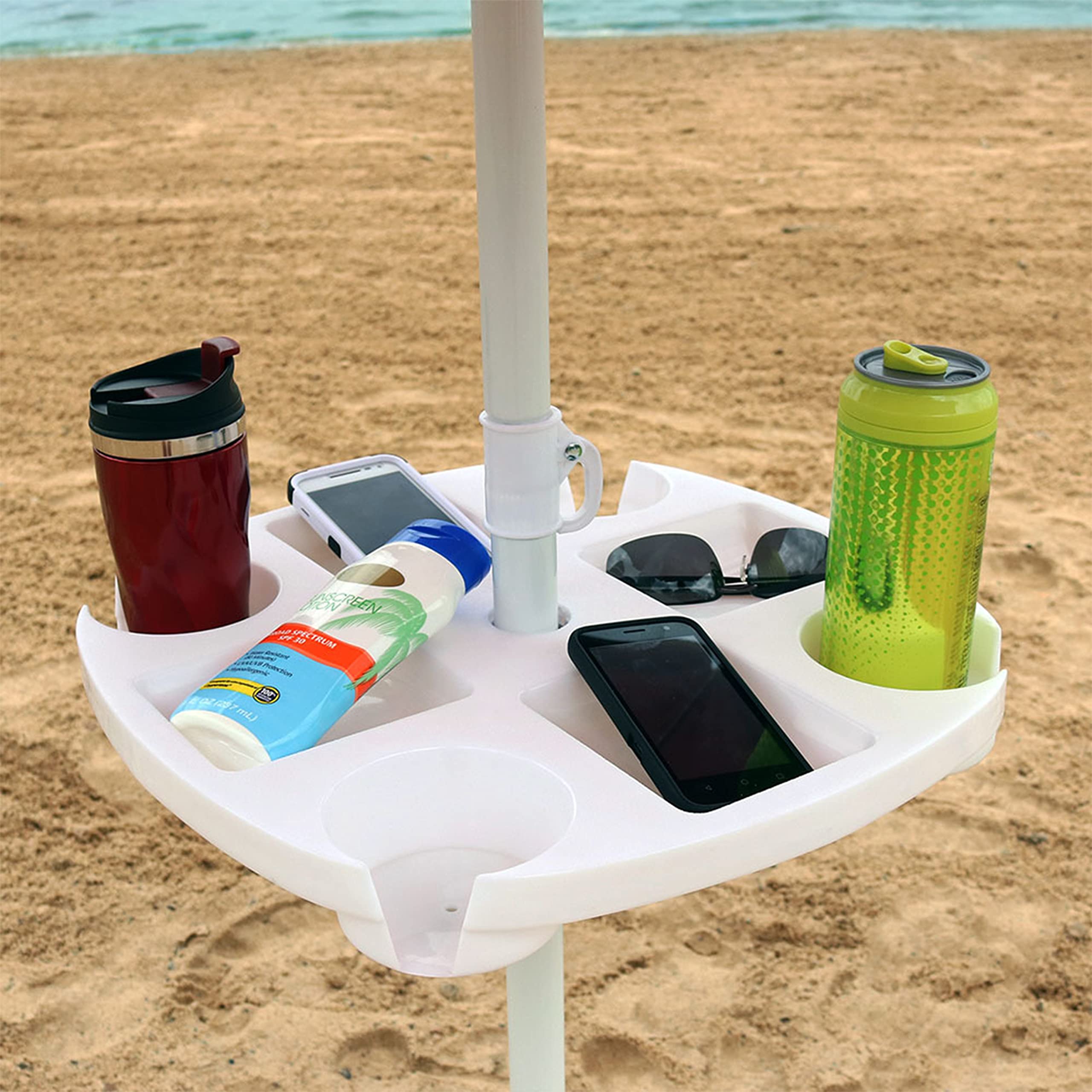 Sunnydaze Outdoor Beach Umbrella Table with 4 Drink Holders & Tray Slots - Heavy Duty Patio & Poolside Umbrella Stand - Perfect for Backyard, Beach, and Outdoor Entertaining