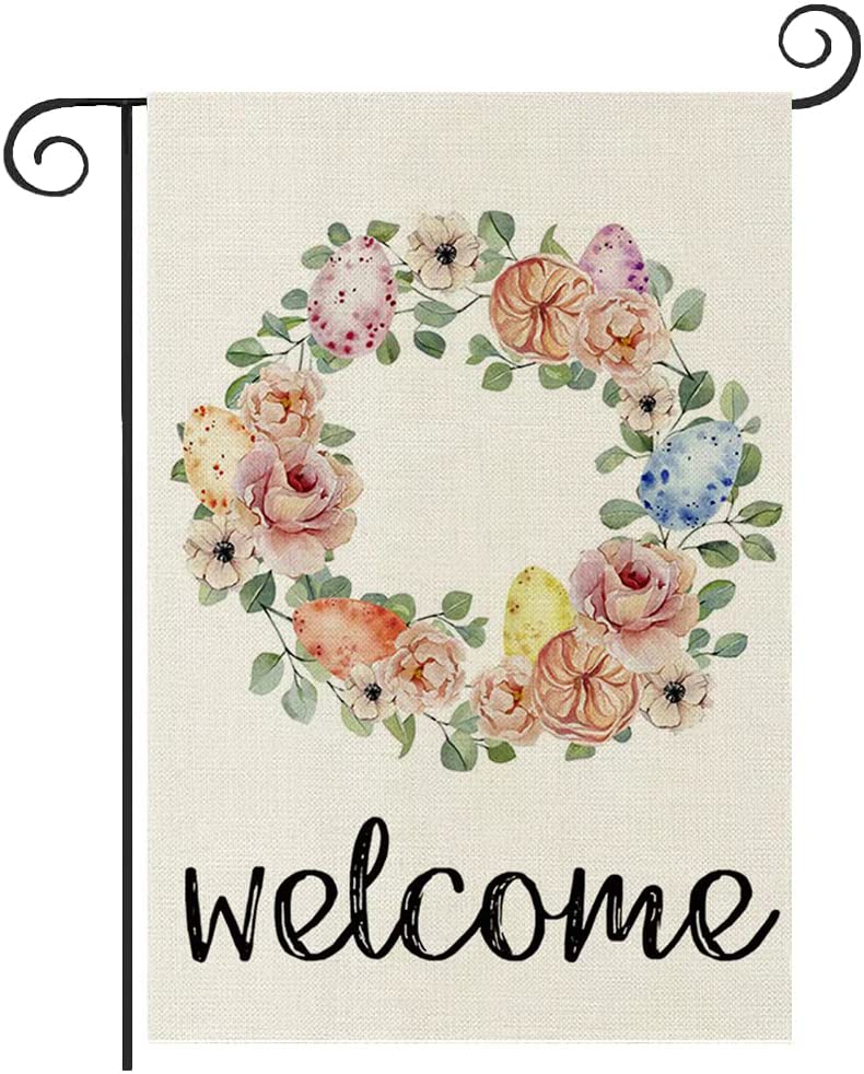 REIDFERR Easter Spring Garden Flag 12x18 Inch - Double Sided Burlap Easter Egg Floral Farmhouse Decor for Yard, Porch & Outdoor Spring Celebrations
