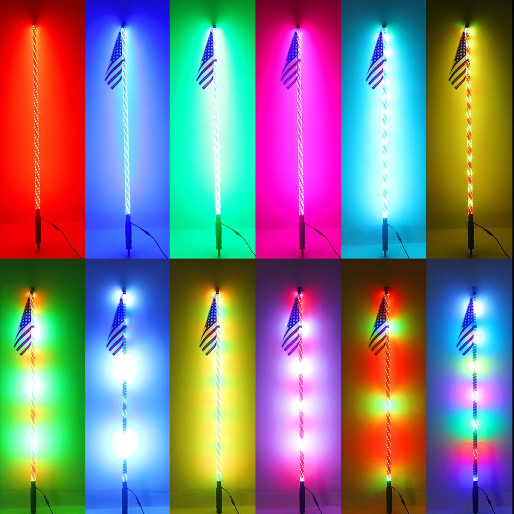 Dual Remote Control RGB LED Whip Light with Flag Pole - Waterproof Off-Road ATV UTV Accessories for Night Riding & Car Shows