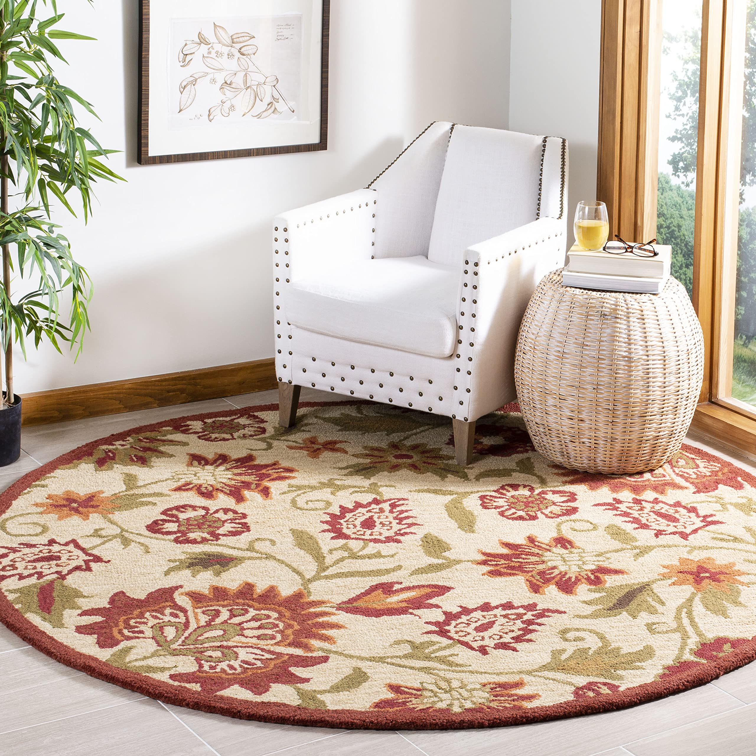 SAFAVIEH Blossom Collection 6' Round Beige & Multicolor Floral Wool Area Rug - Handmade Premium Quality for Living Room, Bedroom & Dining Room Decor