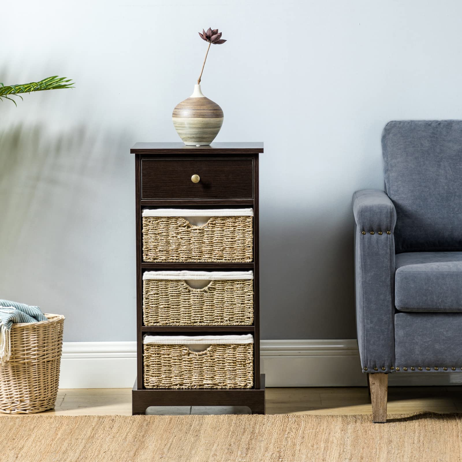 4-Drawer Wooden Chest with Woven Baskets - Rustic Storage Cabinet for Bedroom & Living Room