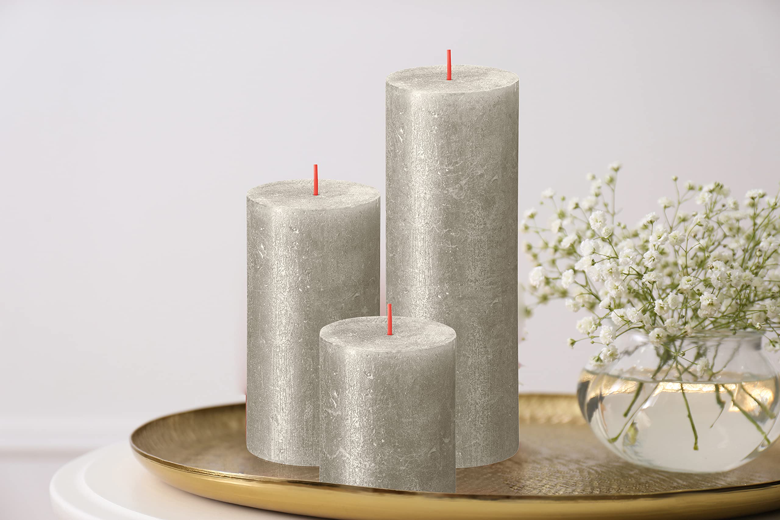 BOLSIUS Silver Shimmer Metallic Pillar Candles 4 Pack - 2.75