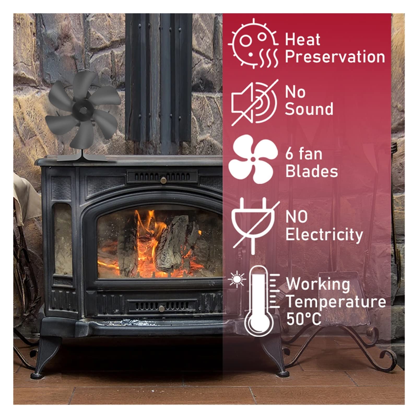 6-Blade Heat Powered Fireplace Fan - Eco-Friendly & Quiet Stove Fan for Wood Burners - Efficient Heat Distribution for Home Use - Easy to Install (with Thermometer) - Perfect for Living Rooms, Bedrooms & Winter Heating