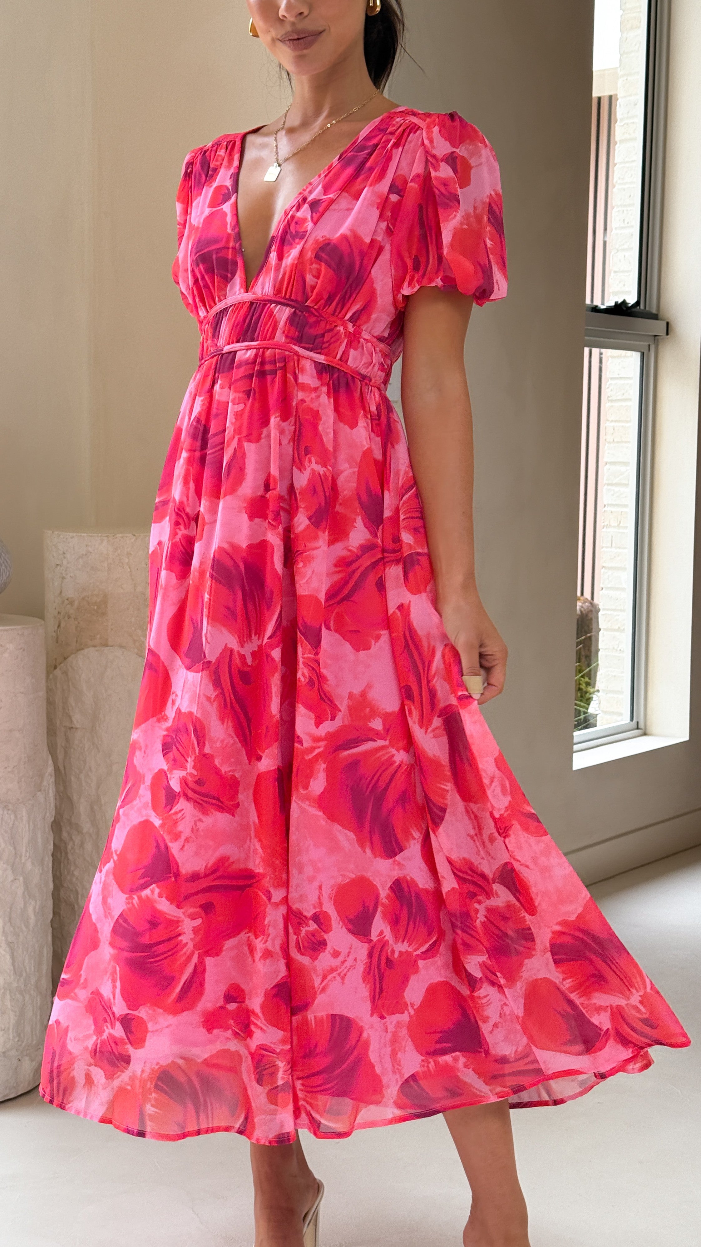 Ilah Maxi Dress for Women - Flowy Long Summer Dress in Red & Pink | Perfect for Beach, Vacation, and Casual Outings