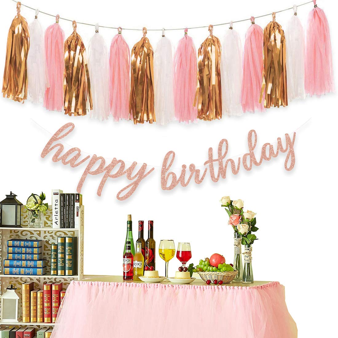 Rose Gold Happy Birthday Decorations - Glittery Birthday Banner & Tissue Tassel Garland for Party Decor | Perfect for Birthday Celebrations, Baby Showers & Anniversary Parties