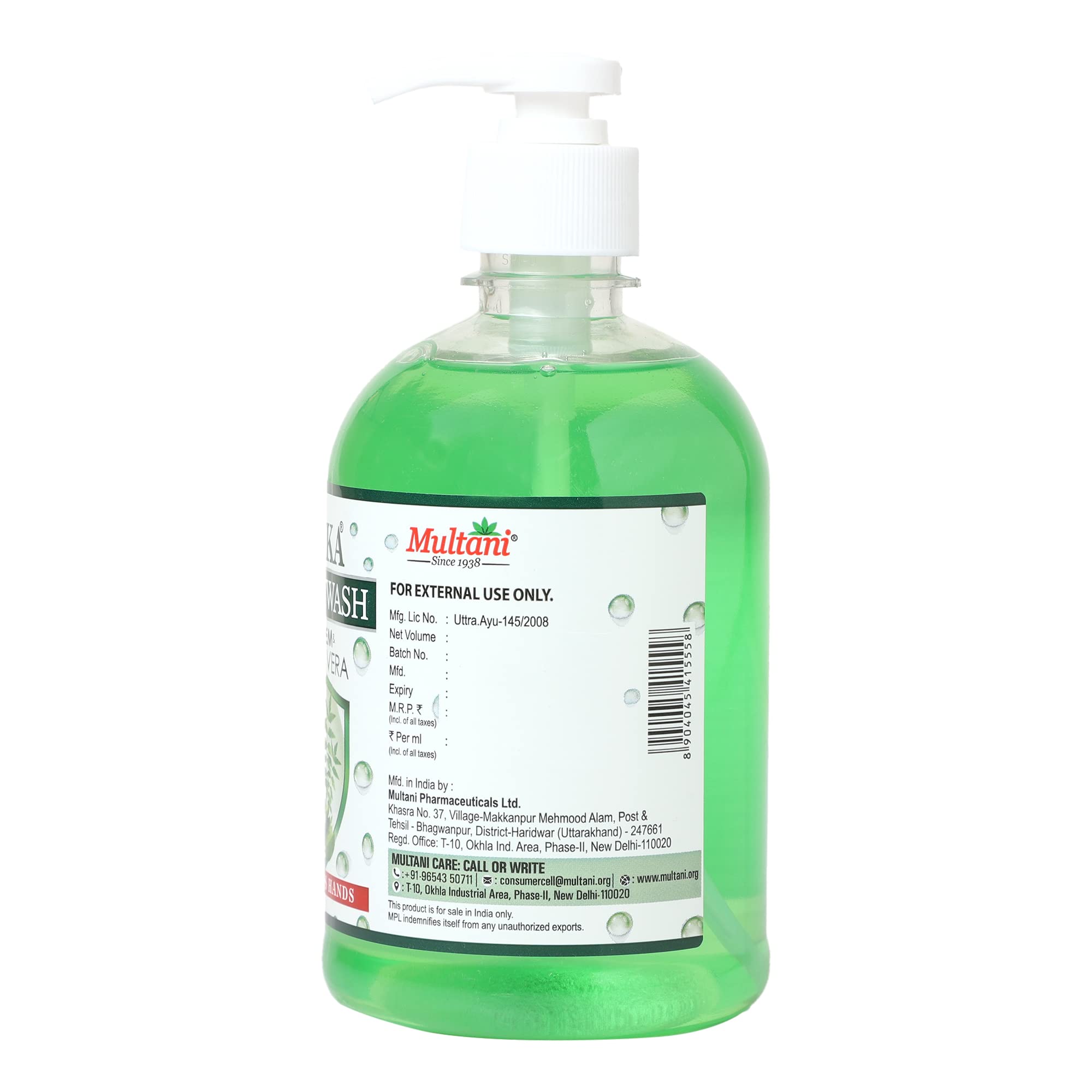 Multani Kuka Neem & Aloe Vera Ayurvedic Hand Wash - 500ml Natural Liquid Soap for Dry & Sensitive Skin | Perfect for Home, Kitchen & Bathroom Use