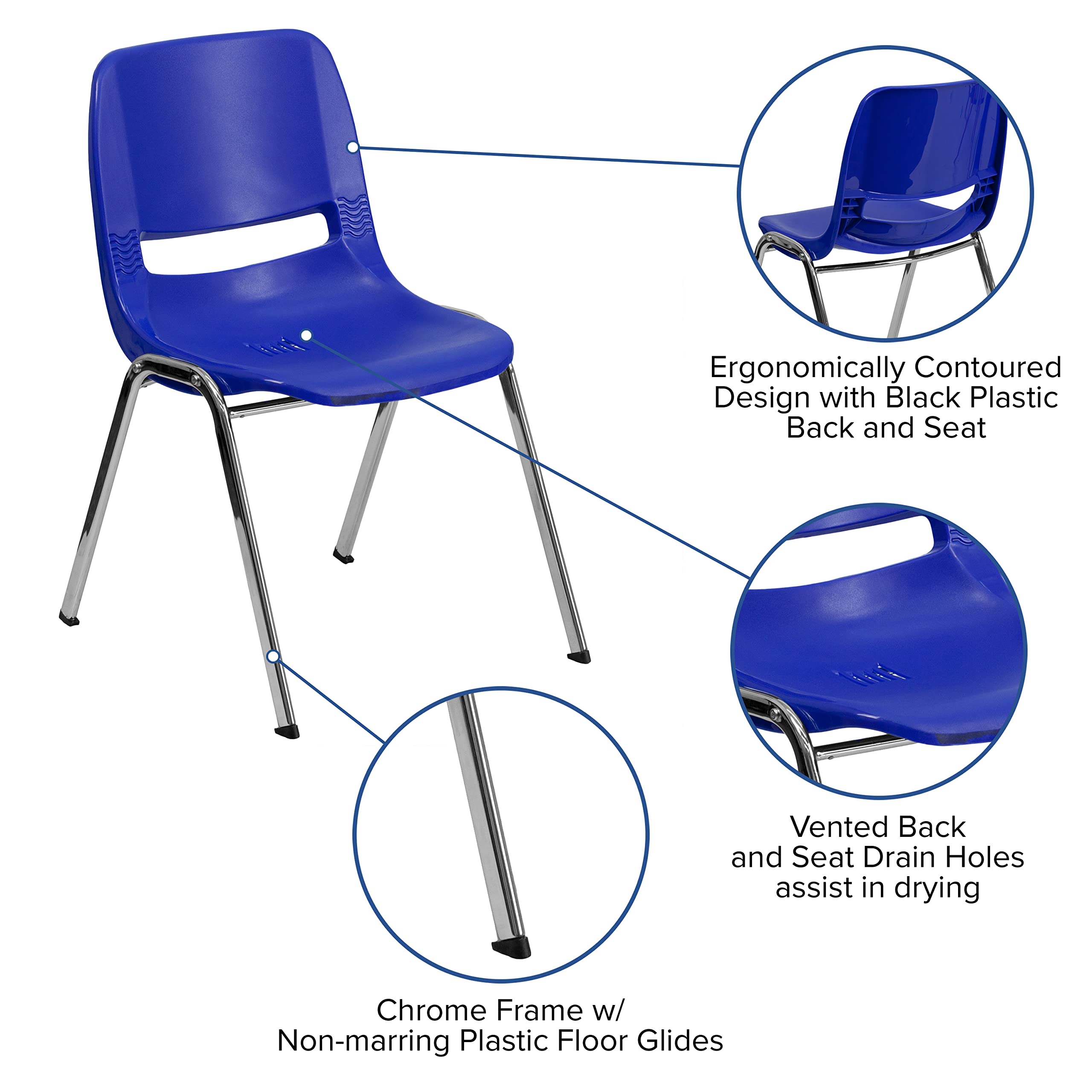 EMMA + OLIVER Navy Blue Ergonomic Stackable Chair with Chrome Frame & 16