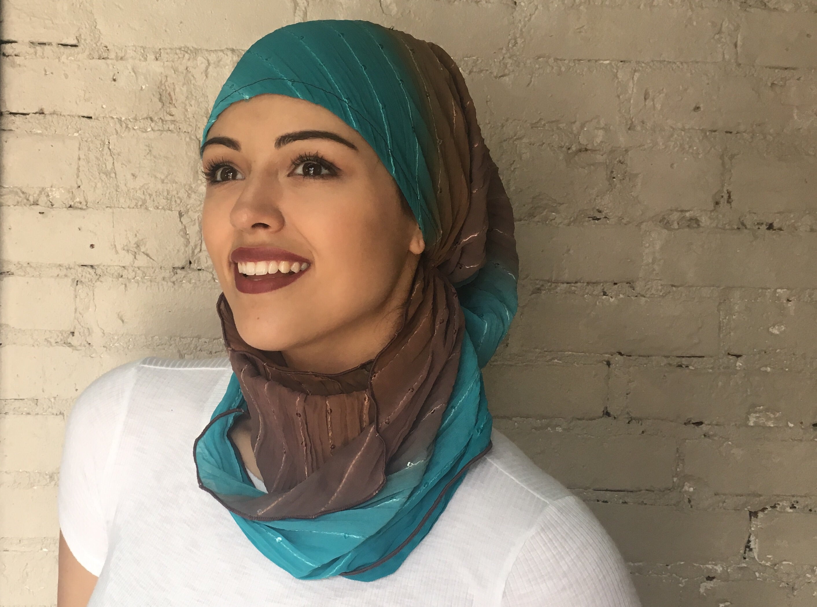 Brown & Turquoise Sequined Pre-Tied Head Scarf - Easy Slip On Hijab Head Wrap for Women | Perfect for Daily Wear, Special Occasions & Modest Fashion