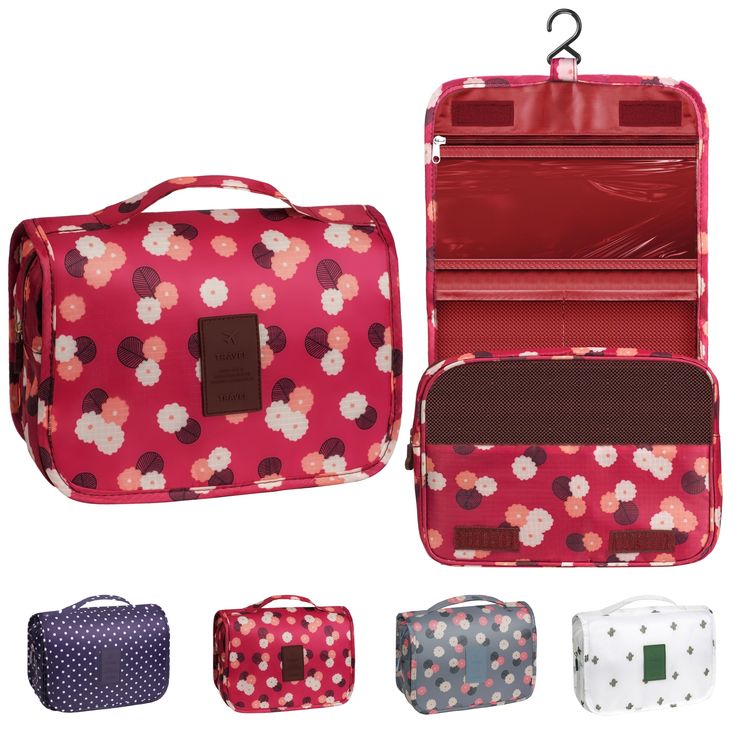 Waterproof Hanging Toiletry Bag for Travel - Multifunctional Makeup Organizer with Hook for Women & Men (Wine Red Flower) | Perfect for Camping, Gym & Business Trips