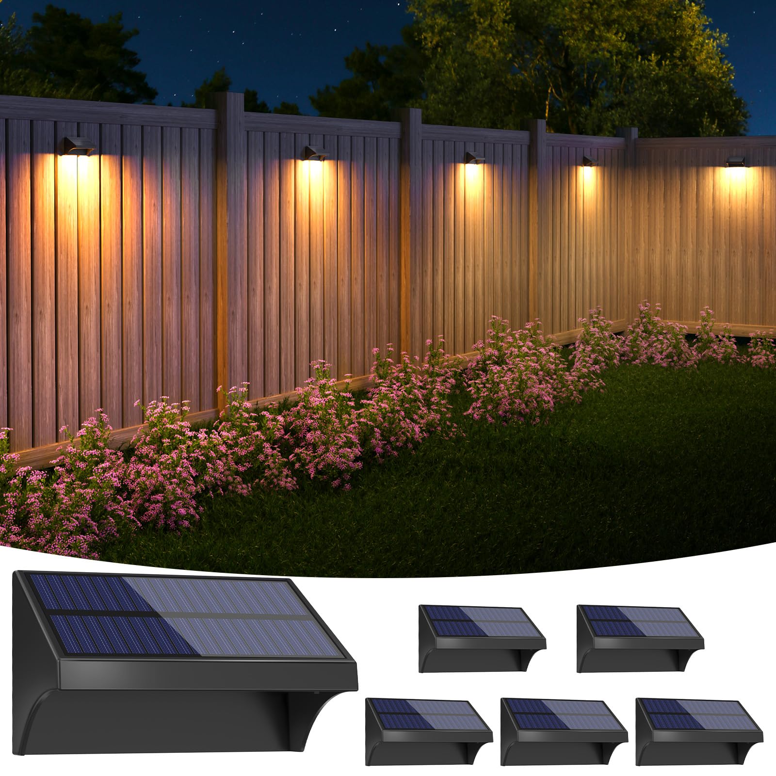 NIORSUN 6 Pack Solar Fence Lights Outdoor - Waterproof LED Wall Lights with 1500mAh Battery (Warm White/Cool White/RGB) - Easy Install Deck, Patio, Railing & Stair Lighting for Backyard, Garden & Pathway - Black