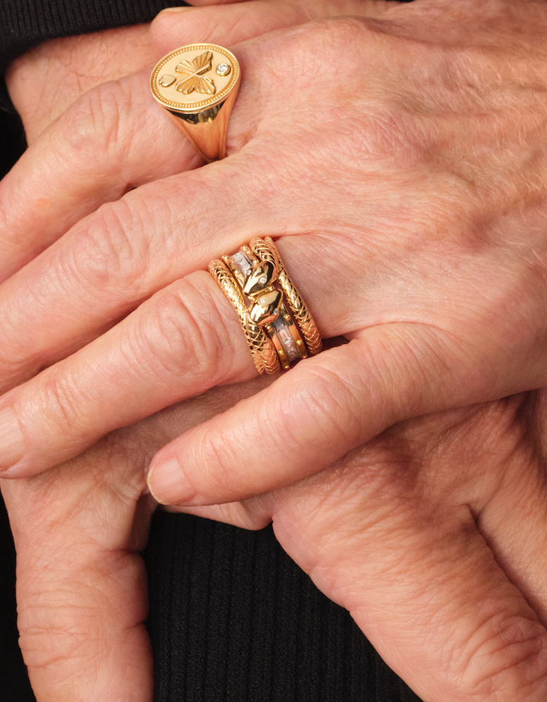Lovestruck Pierced & Snake Bookend Ring Stack in Yellow Gold with Baguette Diamonds | Elegant Stackable Rings for Women | Perfect for Valentine's Day Gifts, Anniversary Presents & Everyday Jewelry