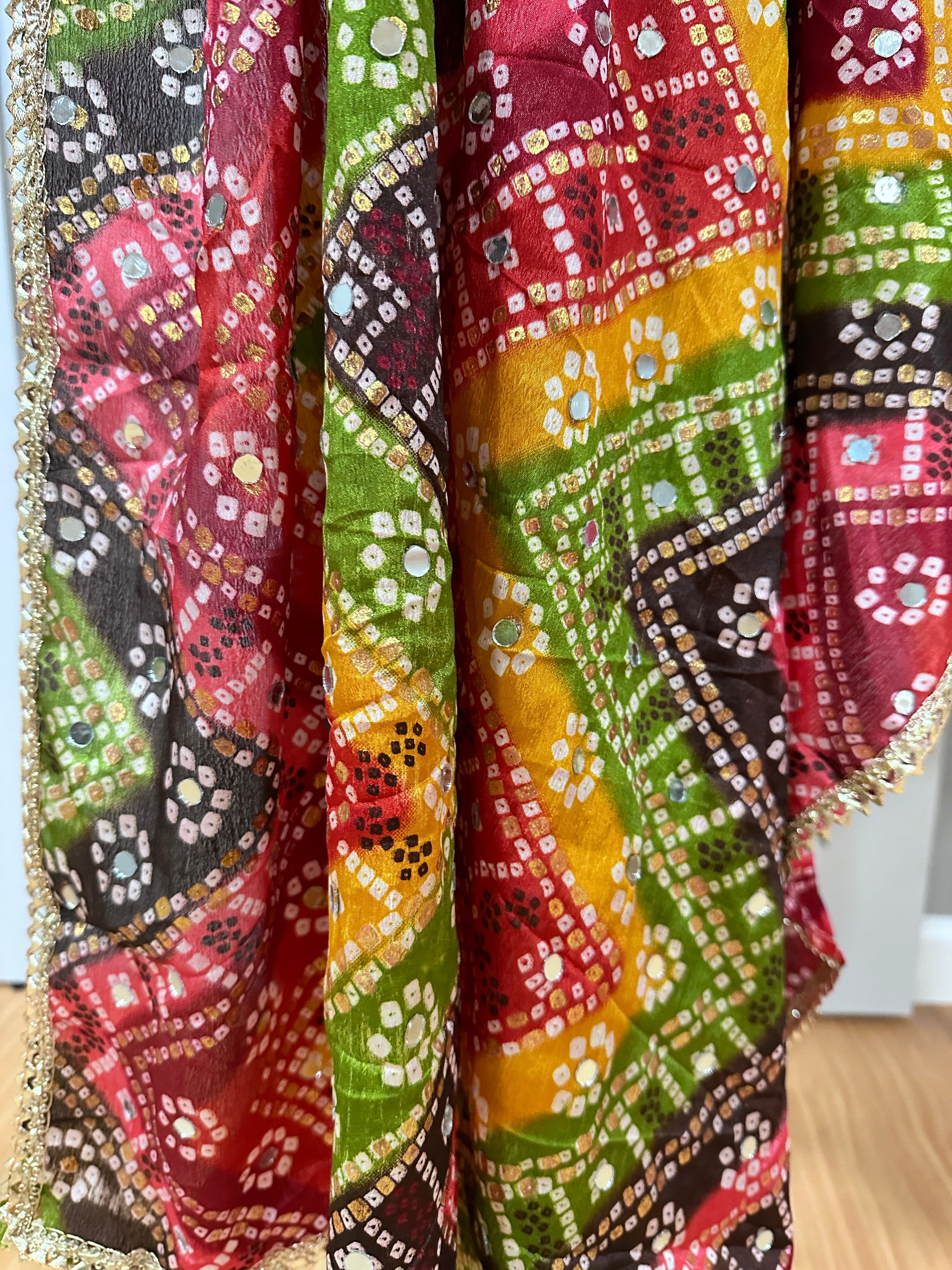 Phulkari Style Bandhini Print Dupatta Scarf - Elegant Indian Traditional Shawl for Women, Perfect for Weddings, Festivals & Ethnic Outfits