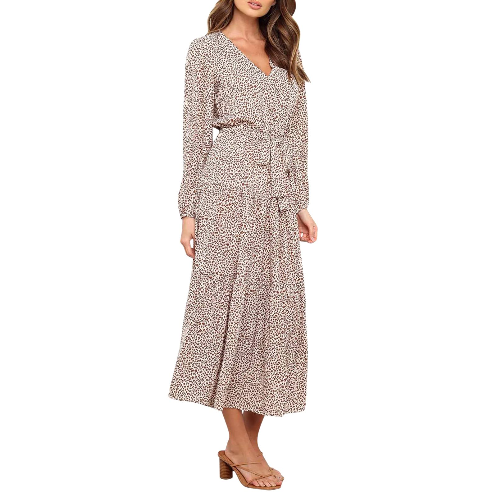 Women's Summer Vacation Long Dress - Leopard Print Casual V-Neck Long Sleeve Dress for Beach, Travel & Date Night