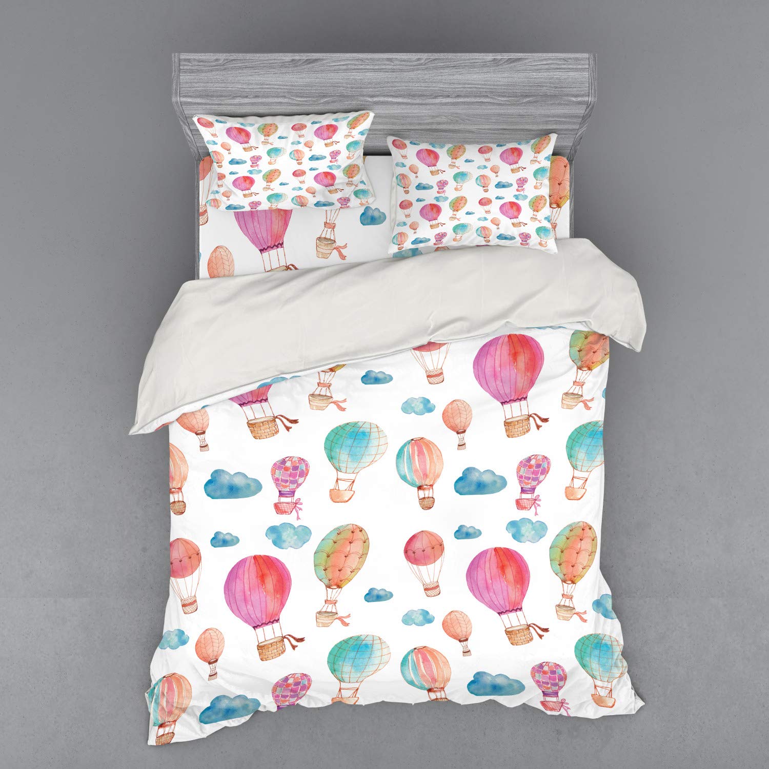Ambesonne Watercolor Duvet Cover Set - Hand Painted Hot Air Balloons & Blue Clouds Print - 4 Piece Queen Size Bedding Set with Shams & Fitted Sheet - Blue Pink Coral Design - Perfect for Boho Chic Bedrooms & Guest Room Decor