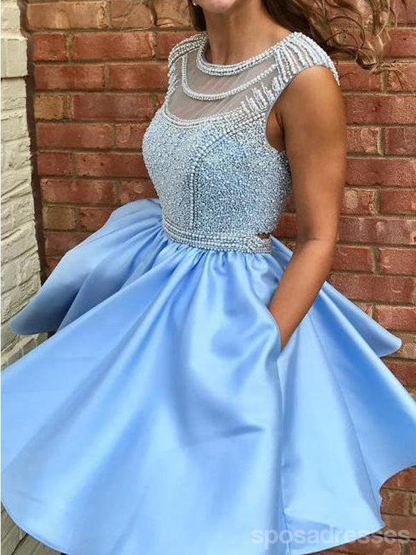 Elegant Open Back Blue Cap Sleeve Soop Short Homecoming Dress - CM564 | Perfect for Prom, Party & Special Occasions