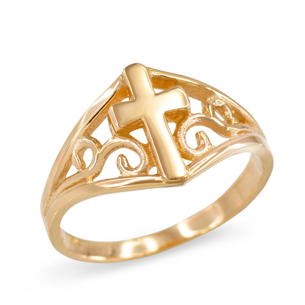 10k Yellow Gold Filigree Cross Ring for Women - Elegant Religious Jewelry - Perfect for Church, Weddings & Everyday Wear