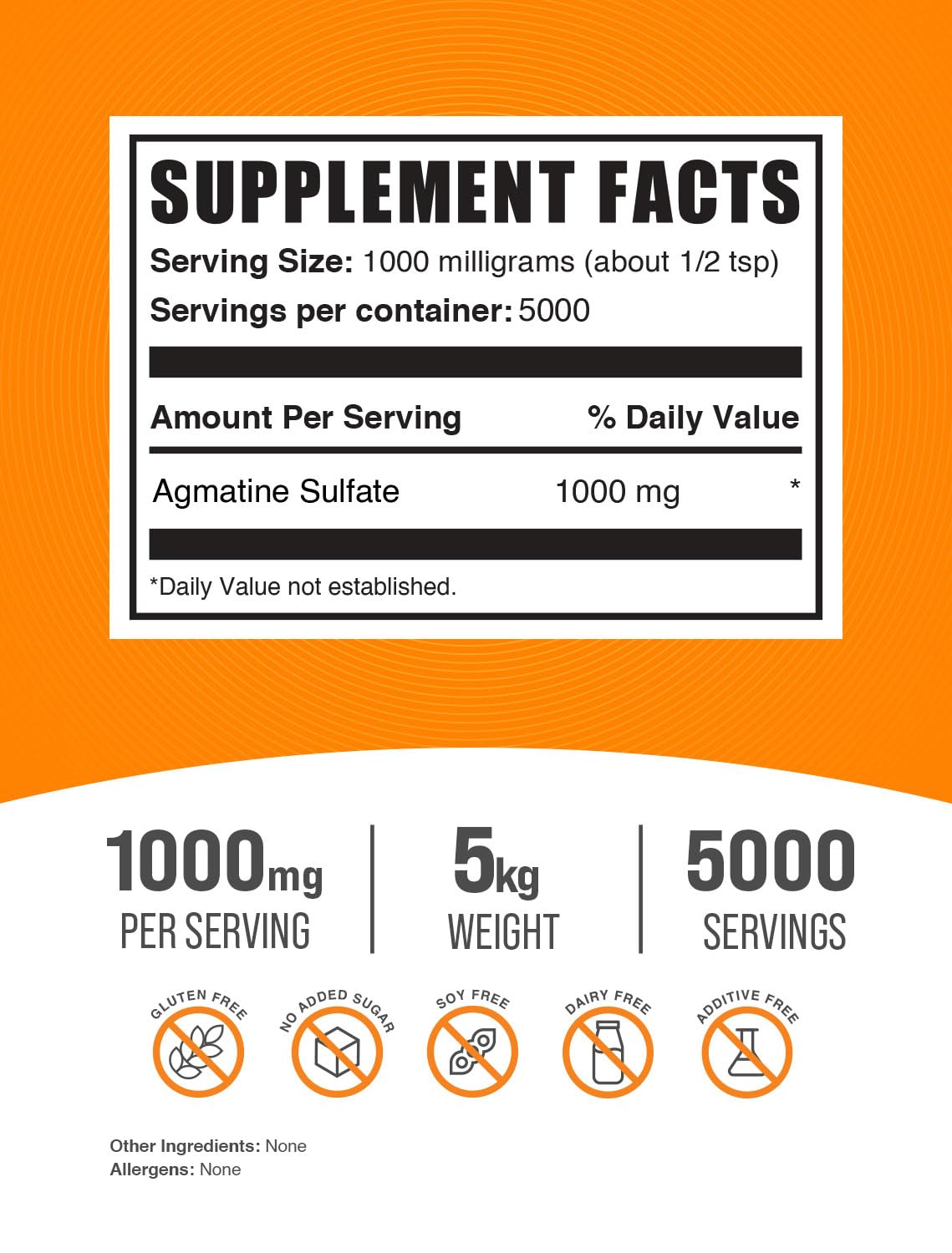 BulkSupplements.com Agmatine Sulfate Powder 1000mg - Nitric Oxide Booster Supplement, Unflavored & Gluten Free, 5kg (11 lbs) Pack of 5 - Supports Workout Performance, Muscle Recovery & Cardiovascular Health