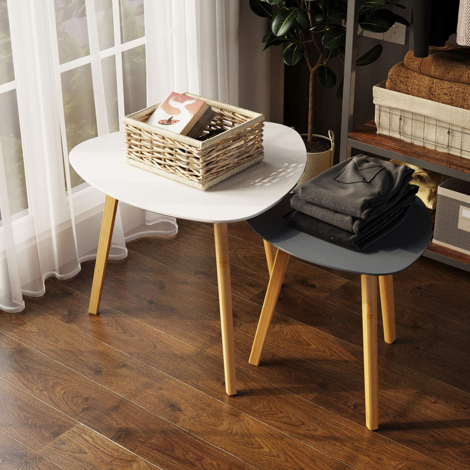 BAMEOS 2-Piece Bamboo Nesting Triangle End Tables - Modern Minimalist Coffee & Side Tables for Living Room, Balcony, Bedroom - White & Grey Home Decor Accent Furniture