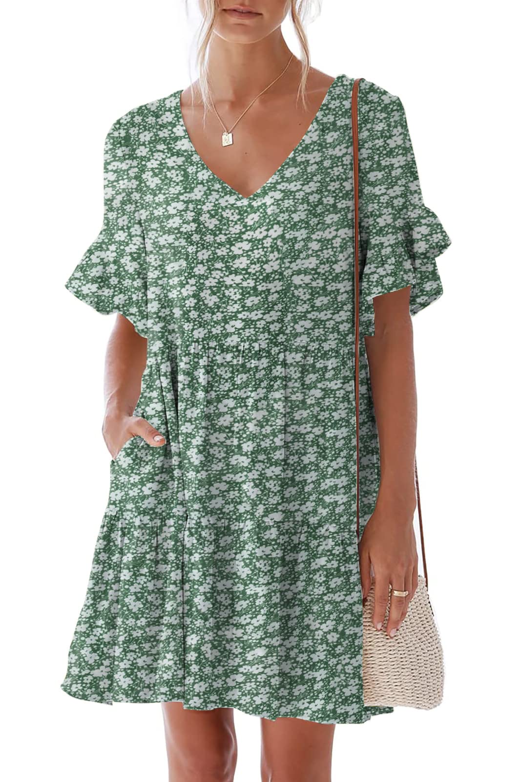 Nclook Women's 2025 Summer Casual Dress - Sweet Cute V-Neck Mini Dress with Pockets, Short Sleeve Ruffle Floral Dress for Beach, Party & Date Night
