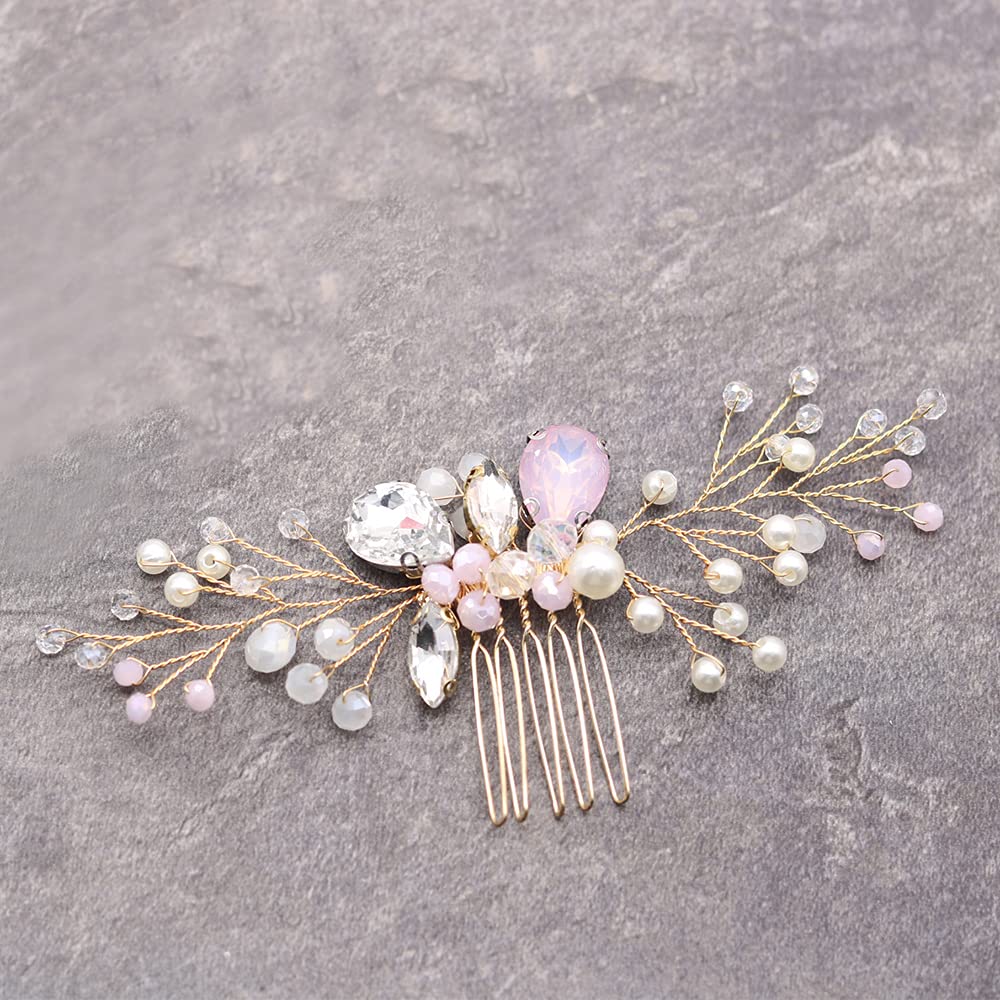 Kercisbeauty Handmade Wedding Hair Comb - Pink Crystal Beads & Pearl Bridal Headpiece for Bride, Prom, Party (Gold) | Elegant Hair Accessory for Weddings, Formal Events & Special Occasions