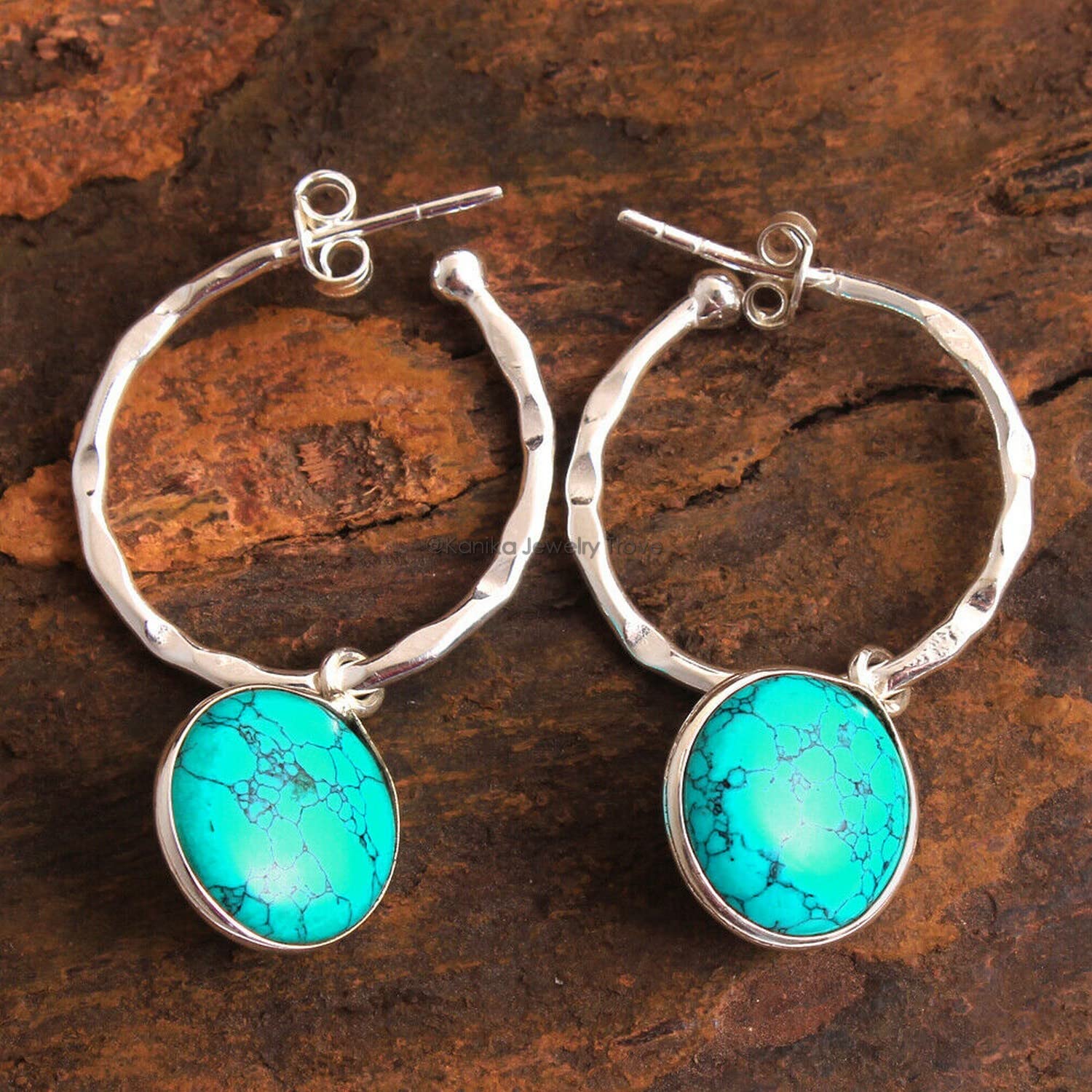 Turquoise Gemstone Sterling Silver Hoop Earrings for Women - Bezel Set Pushback Earrings for Bridesmaids, Gifts & Everyday Wear | Dainty Jewelry for Casual & Formal Occasions