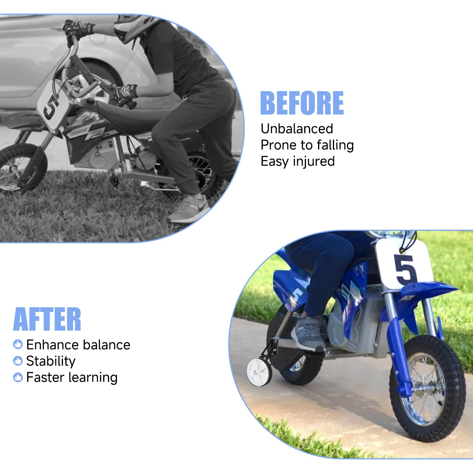**Adjustable Dirt Bike Training Wheels for Razor MX350 MX400 MX500 MX650 - Kids Electric Dirt Rocket Bike Accessories - Perfect for Beginner Riders & Safe Learning**    *(Use Case: Ideal for young riders learning to balance on Razor electric dirt bikes, ensuring stability and confidence during practice sessions.)*