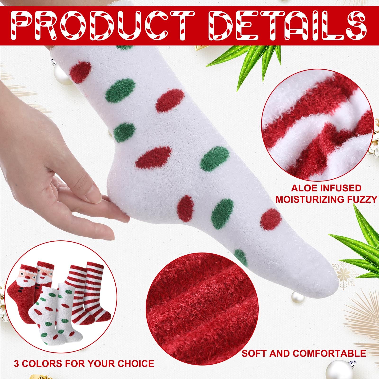 3 Pair Aloe Vera Infused Ultra Moisturizing Christmas Socks - Colorful Fuzzy Holiday Socks for Women & Men - Perfect for Spa, Gift Giving & Winter Comfort
