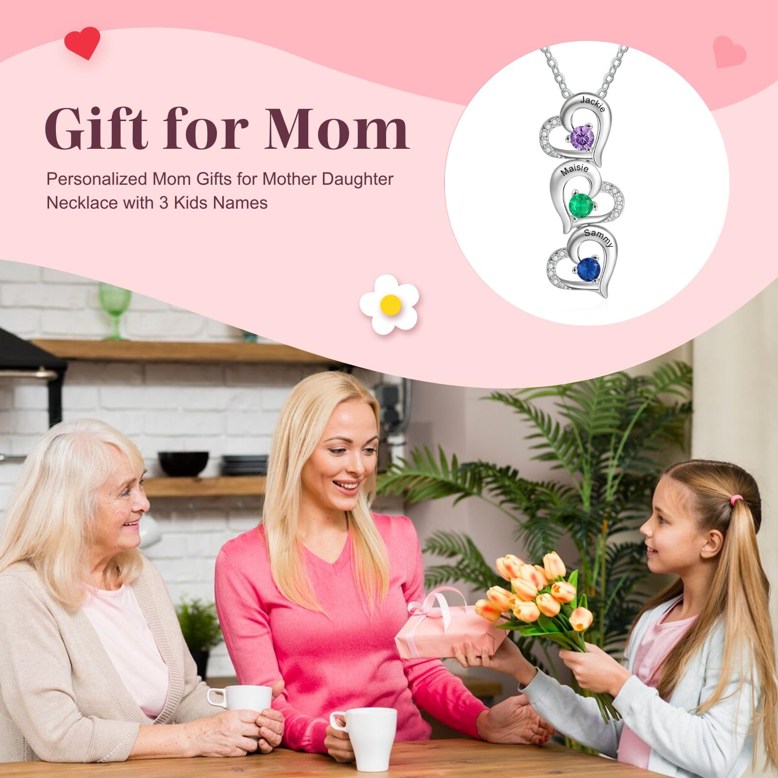 Personalized Heart Birthstone Necklace for Mom - Custom Name Mother's Day Gift for Women, Grandma - Perfect for Anniversaries, Birthdays & Special Occasions