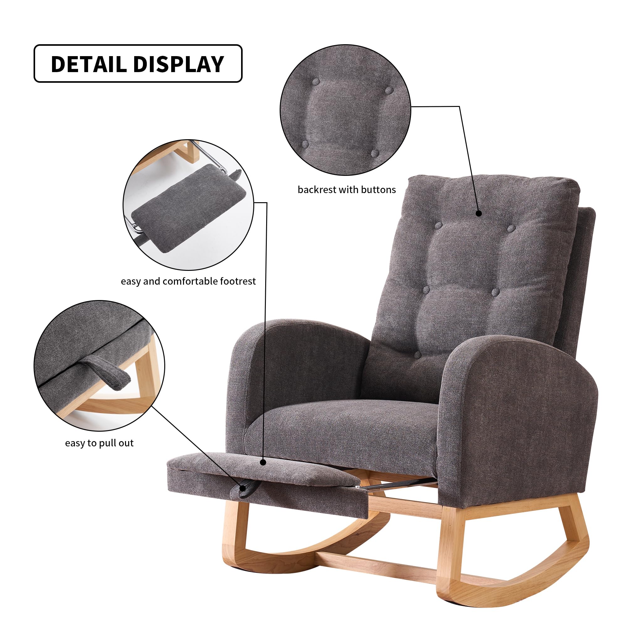 Comfy Nursery Rocking Chair with Retractable Footrest - High Back Glider Rocker with Padded Seat - Accent Armchair for Living Room, Bedroom & Office (Gray) - Perfect for Nursing, Reading & Relaxing