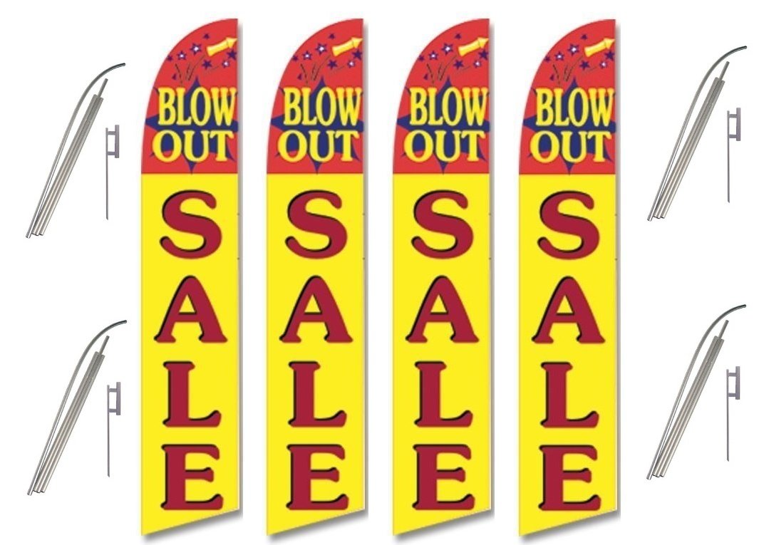 4 Full Sleeve Swooper Flags with Poles & Spikes - Red, Yellow, Blue - Outdoor Party Decorations for Sporting Events, Parades and Backyard Celebrations
