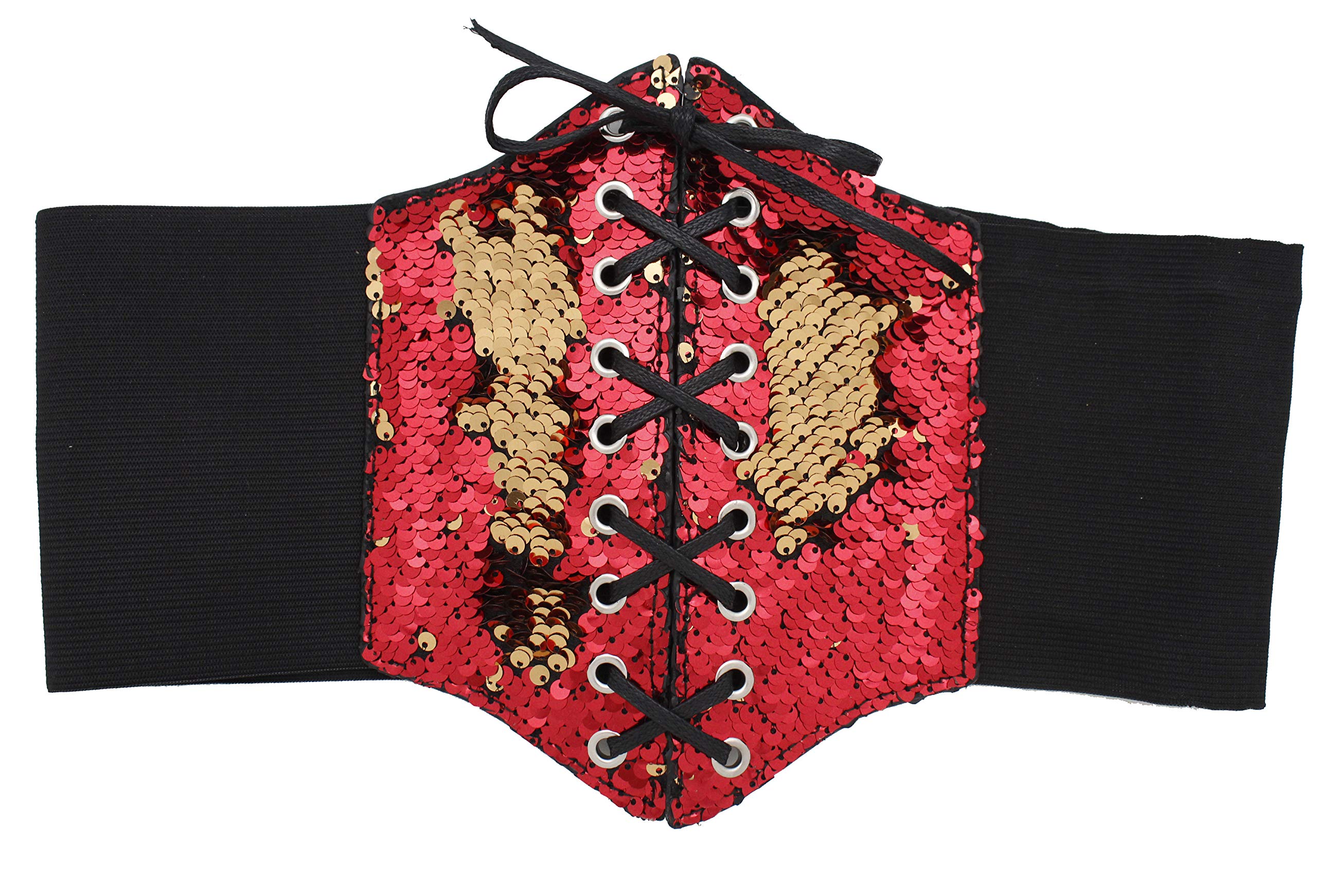 TFJ Women's Wide Elastic Waistband Corset Belt - High Waist Shapewear with Bling Red Gold Sequins for Tummy Control (Sizes S/M) | Perfect for Dresses, Tops & Body Shaping