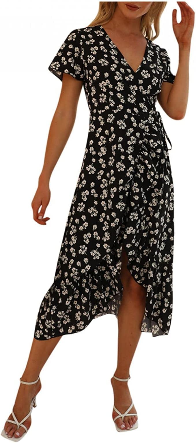 Fronage Women's Floral Midi Dress - Short Sleeve V-Neck Tie Waist Flowy Summer Dress for Casual & Elegant Occasions | Perfect for Beach Vacations, Date Nights & Office Wear