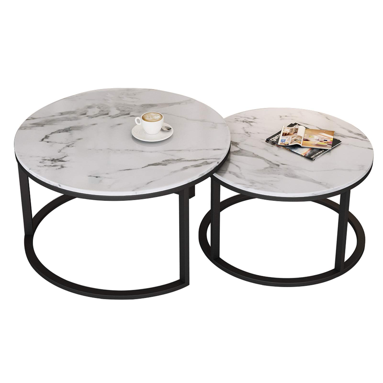 HWF 2-Piece Nesting Table Set - White Marble Top Modern Round End Tables with Sturdy Metal Frame for Living Room, Small Spaces & Office - Black (Perfect for Coffee Table, Side Table or Bedroom Decor)