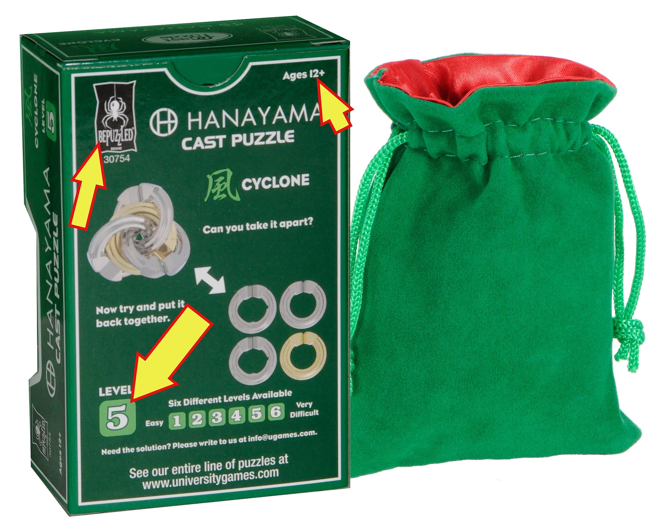 Hanayama Cyclone Puzzle - Challenging Metal Brain Teaser Game with Green Velveteen & Red Satin Drawstring Pouches (2021 Edition) | Perfect for Office Stress Relief, Travel Entertainment, and STEM Learning Activities