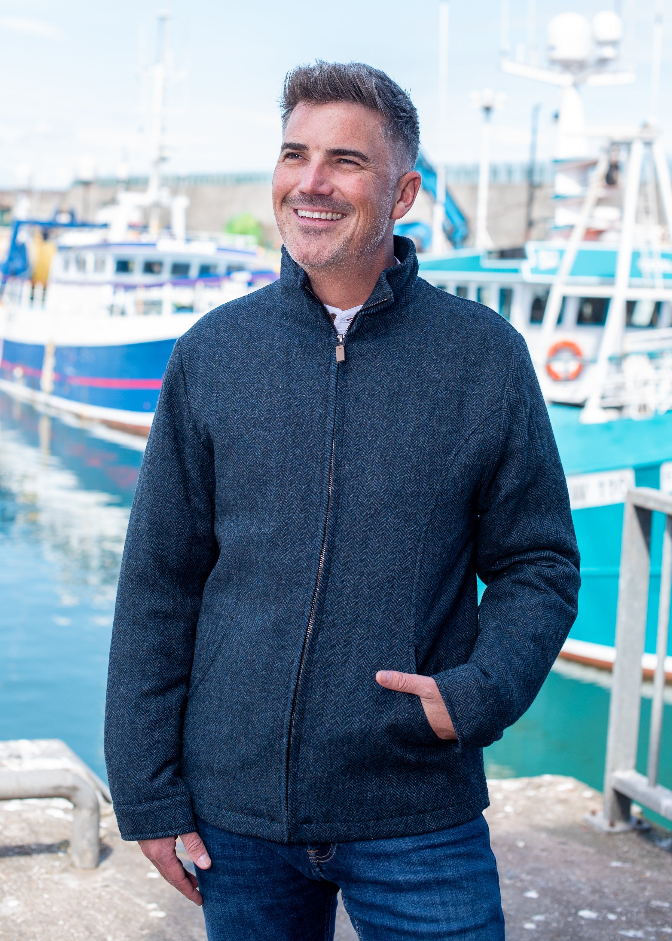 Men's Donegal Full Zip Navy Herringbone Jacket - Warm Winter Coat for Outdoor Activities, Casual Wear & Work | Water-Resistant & Stylish Outerwear