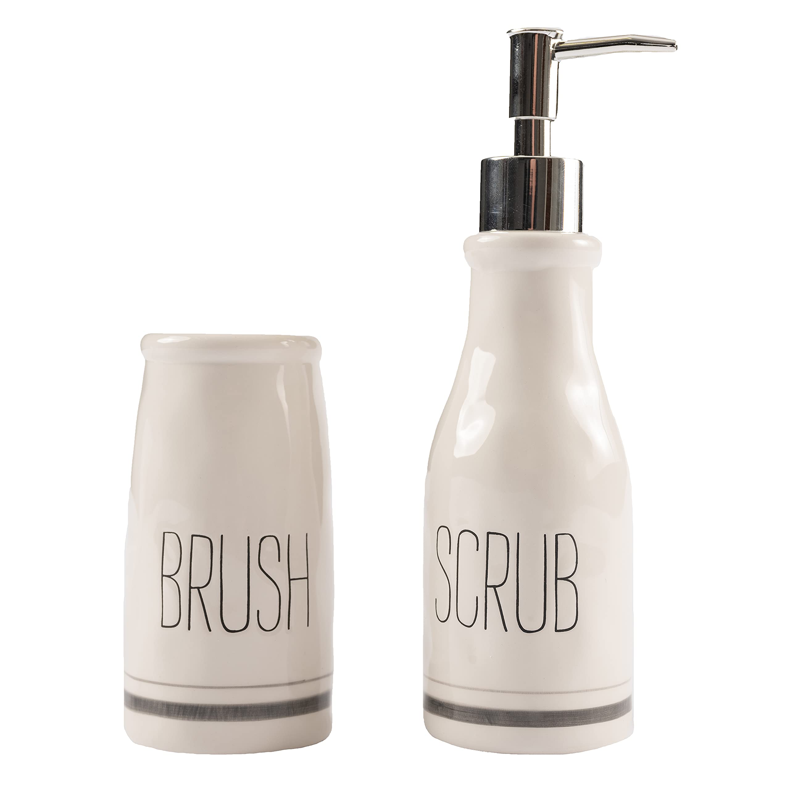 Mud Pie Bistro Soap Dispenser and Toothbrush Holder Set - White Ceramic Bathroom Organizer for Farmhouse & Modern Decor | Perfect for Kitchen, Bathroom, and Guest Room Storage