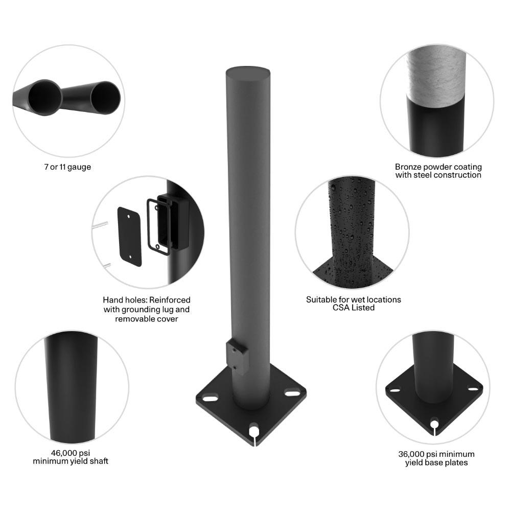 25 ft Outdoor Light Pole with Heavy Duty Base - 5 Inch Round Steel Shaft, 7 Gauge Thickness, Drilled Tenon & Bronze Finish - Perfect for Parking Lots, Driveways & Landscape Lighting