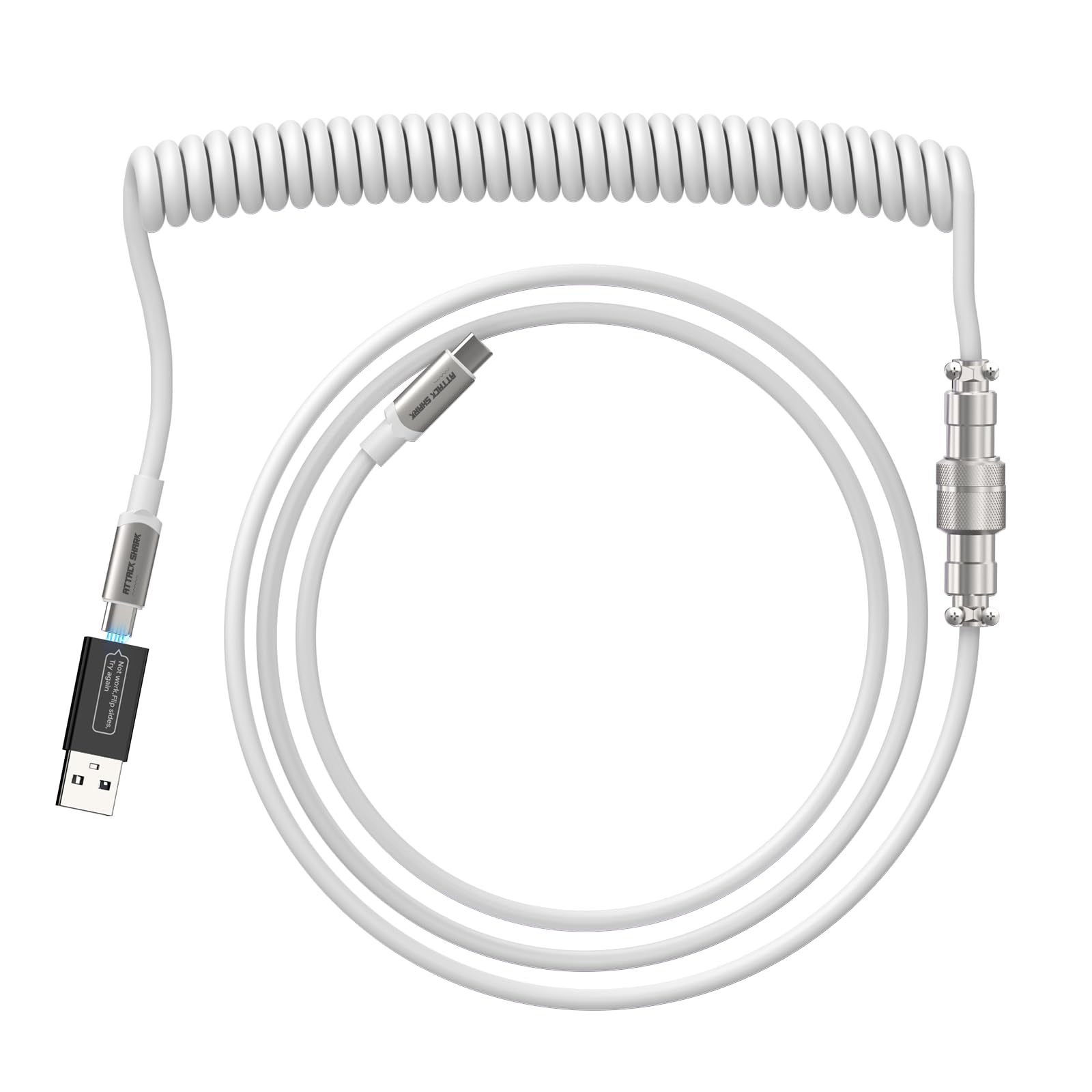 XINMENG Spiral Gaming Keyboard Cable - Extendable Custom TPU USB-C to USB-C Cable with Detachable Metal USB to USB-C Adapter for Mechanical Keyboards & Laptops - White | Perfect for Gaming Setups, Office Workstations & Travel Use