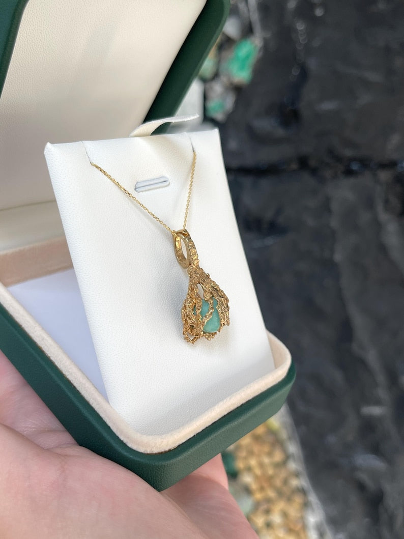 6.80 Carat Natural Earth-Mined Emerald Cabochon Nugget Cage Pendant in 14K Yellow Gold - Free Floating Design for Elegant Jewelry & Gift Occasions