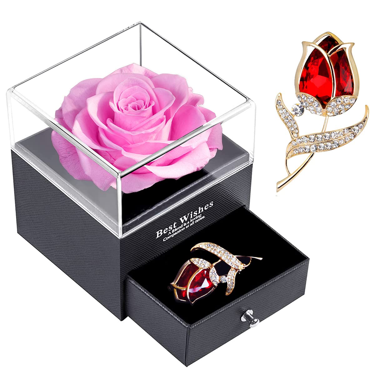 Enchanted Real Rose Jewelry Gift Box with Ruby Rose Brooch - Handmade Eternal Preserved Rose for Women, Wife, Girlfriend, Mom - Perfect for Valentine's Day, Anniversary, Birthday & Mother's Day Gifts - Romantic Keepsake for Special Occasions